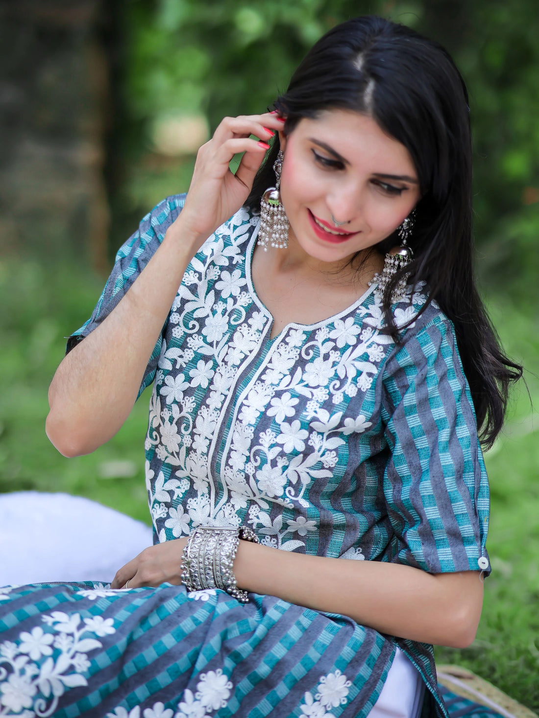 Rama Green Cotton Blend Stripted Straight Chikanakri Embroidery Multicolor Kurti