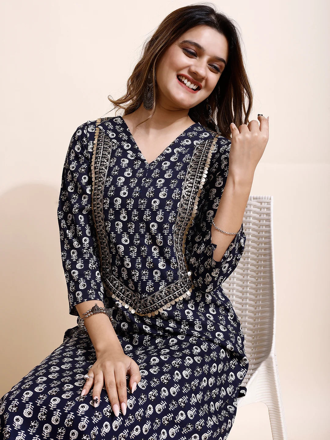 Navy Blue Rayon Yoke Embroidery and Printed Straight kurta