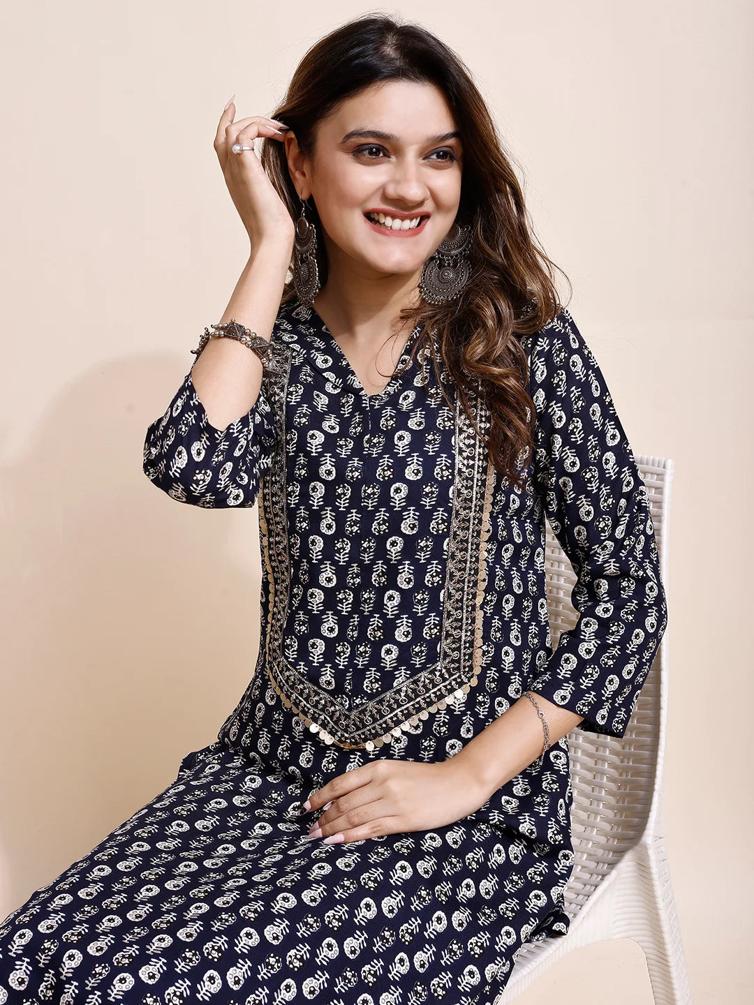 Navy Blue Rayon Yoke Embroidery and Printed Straight kurta