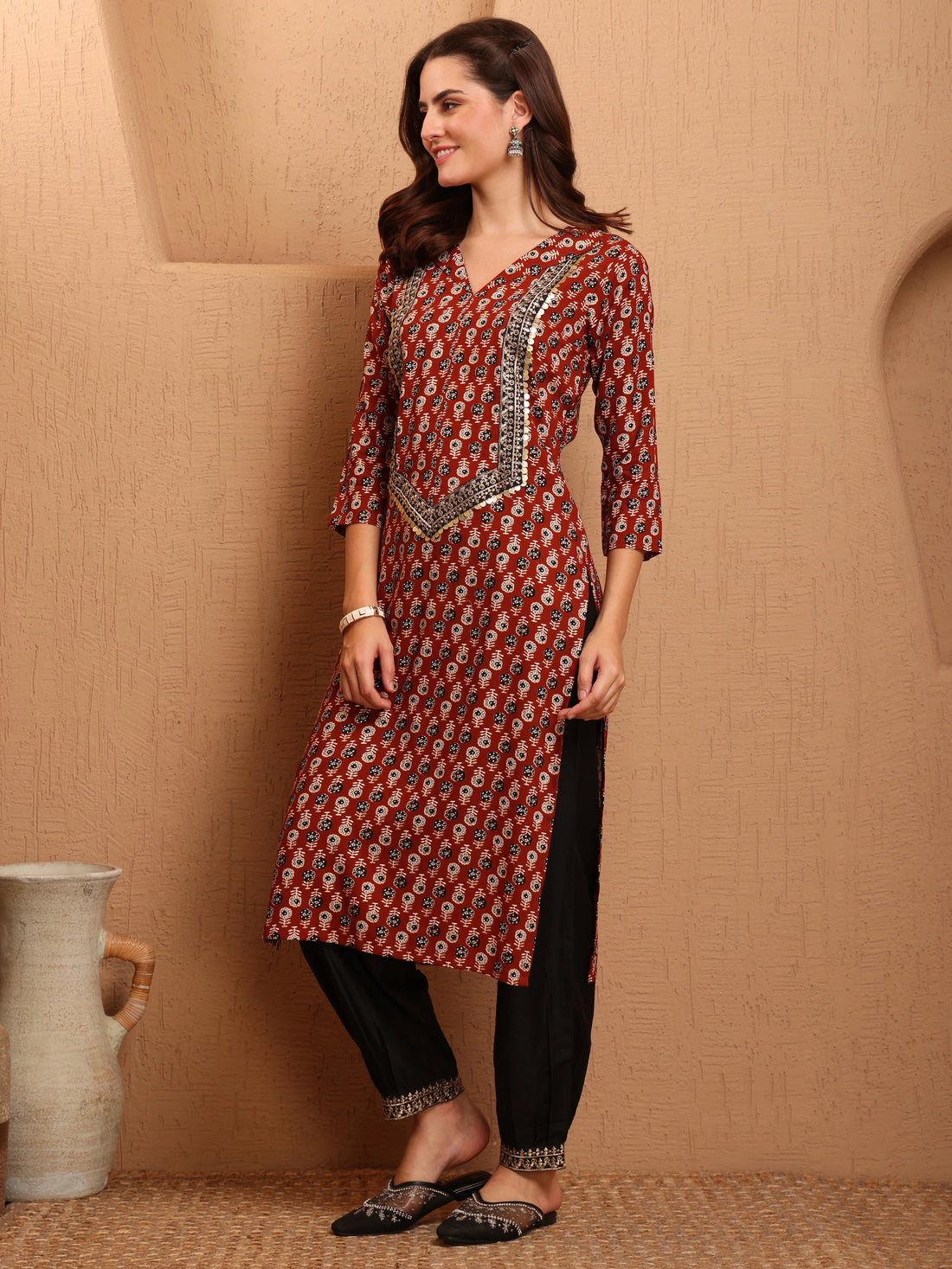 Rust Rayon Yoke Embroidery and Printed Straight Summer kurti