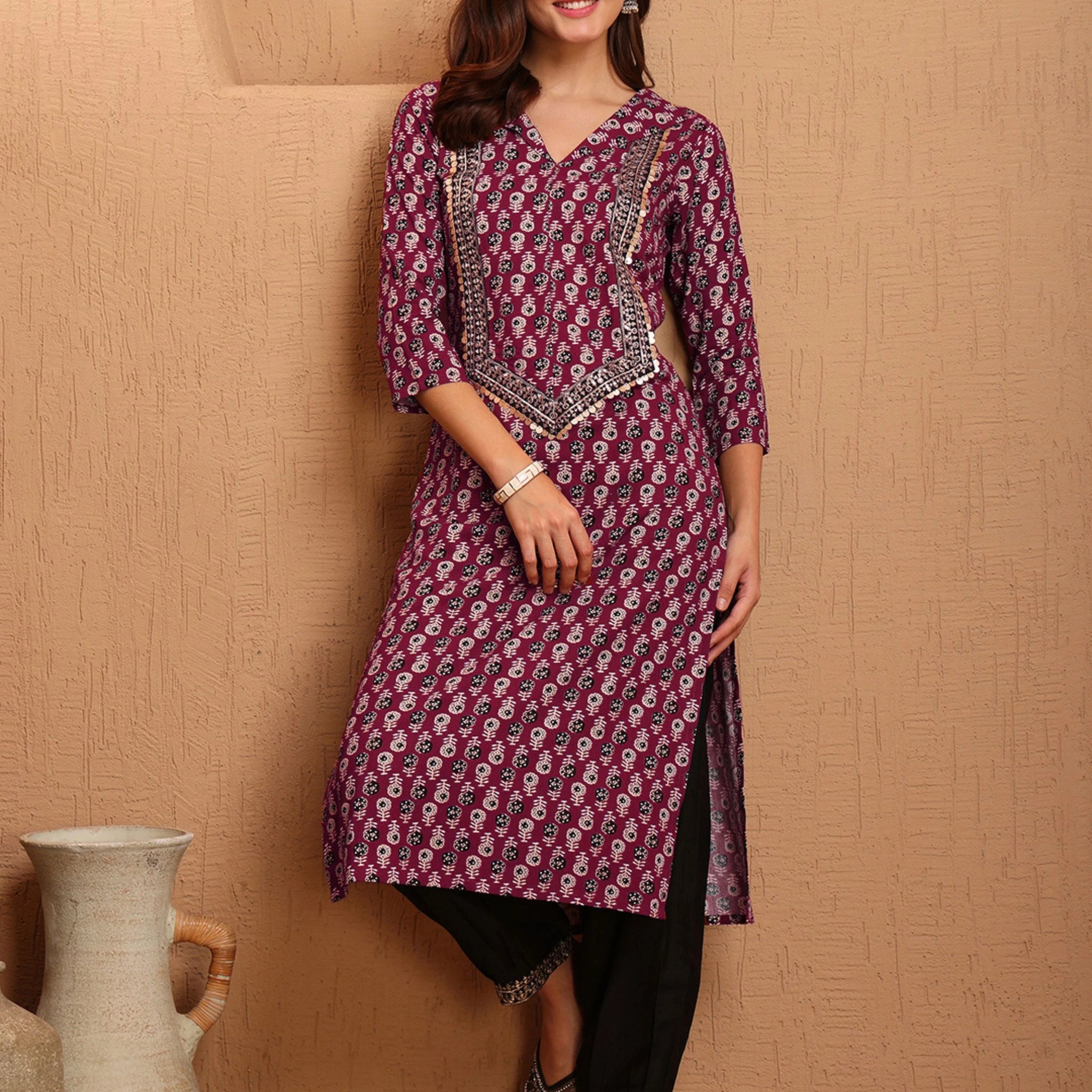 Wine Rayon Ajrak Print and Yoke Embroidery Straight Kurta