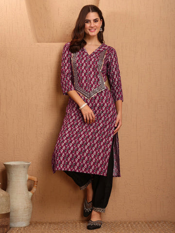Wine Rayon Ajrak Print and Yoke Embroidery Straight Kurta