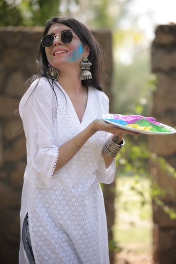 Pure Cotton Embroidered Straight Schiffli White Kurta