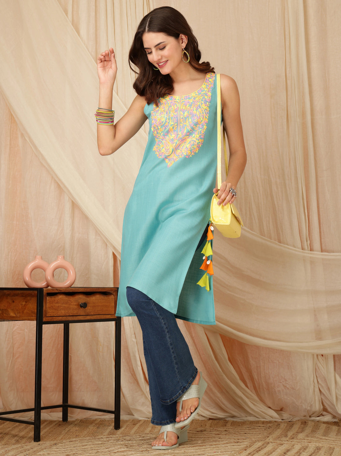 Green Cotton Blend Yoke Embriodery Sleeveless Kurta With Tassles and Kodi