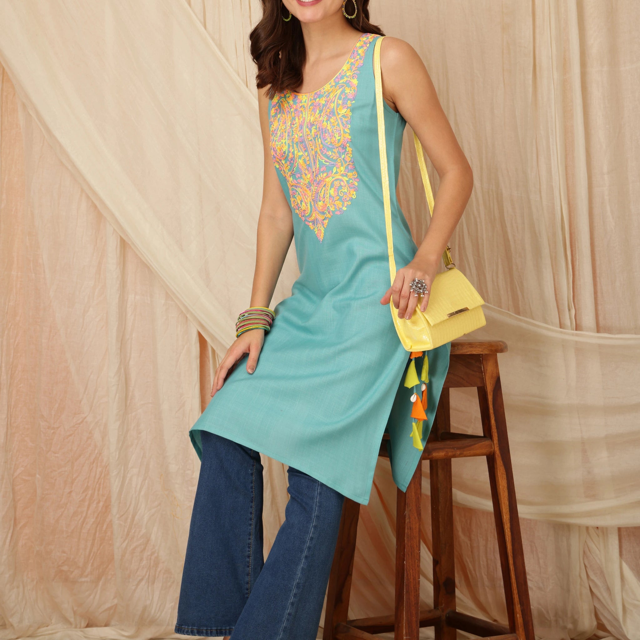Green Cotton Blend Yoke Embriodery Sleeveless Kurta With Tassles and Kodi