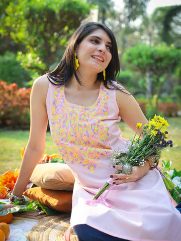 Light Pink Cotton Blend Yoke Embriodery Sleeveless Kurta With Tassles and Kodi