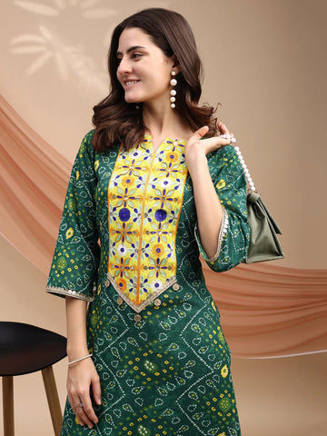 Green Cotton Blend Bandhani Print & Embroidered A-line Long Kurta