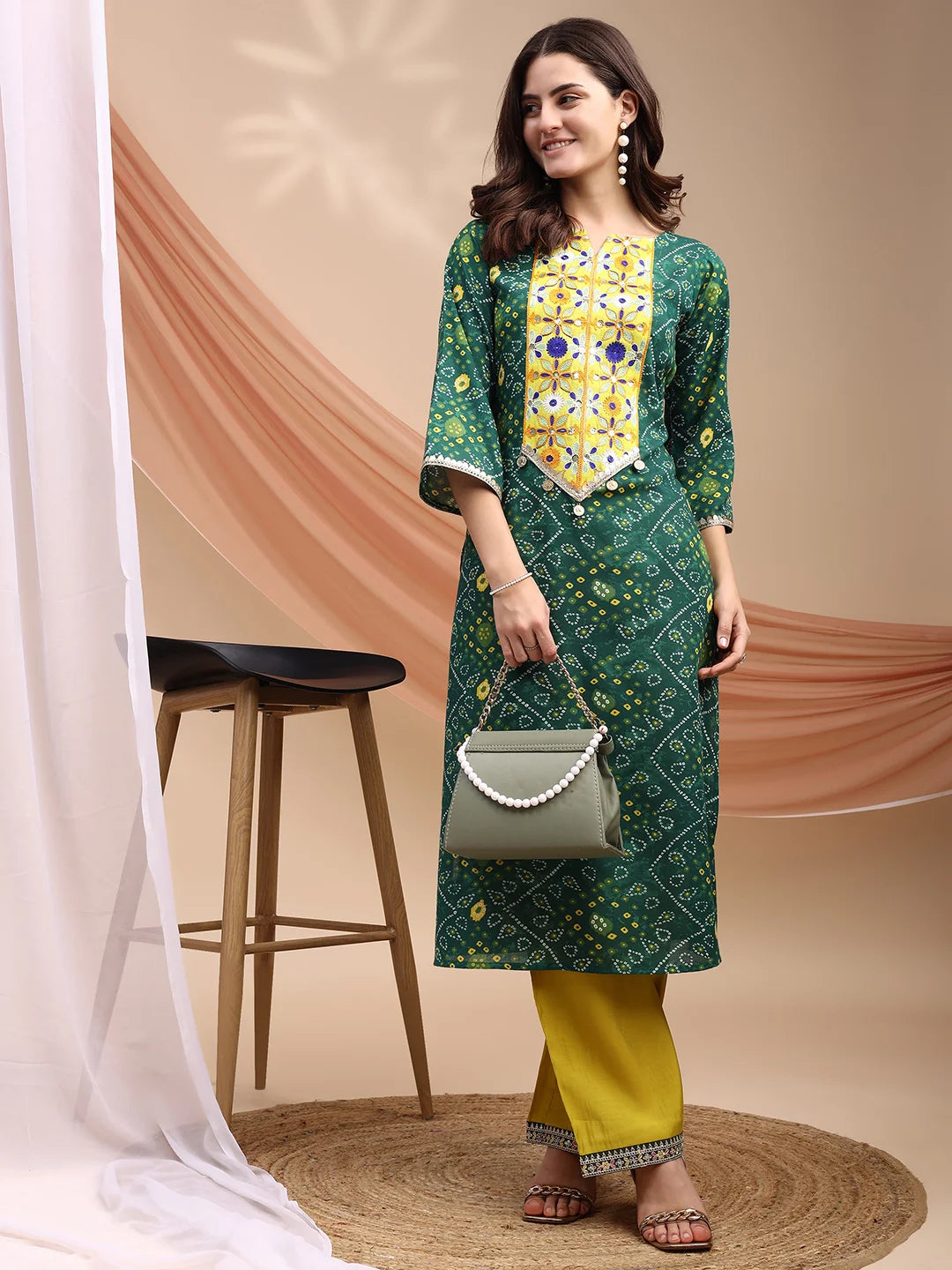 Green Cotton Blend Bandhani Print & Embroidered A-line Long Kurta