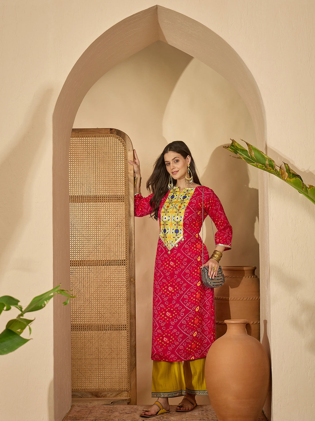 Pink Cotton Blend Bandhani Print & Embroidered A-line Long Kurta