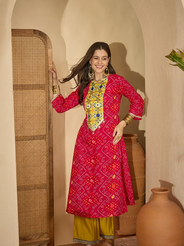 Pink Cotton Blend Bandhani Print & Embroidered A-line Long Kurta