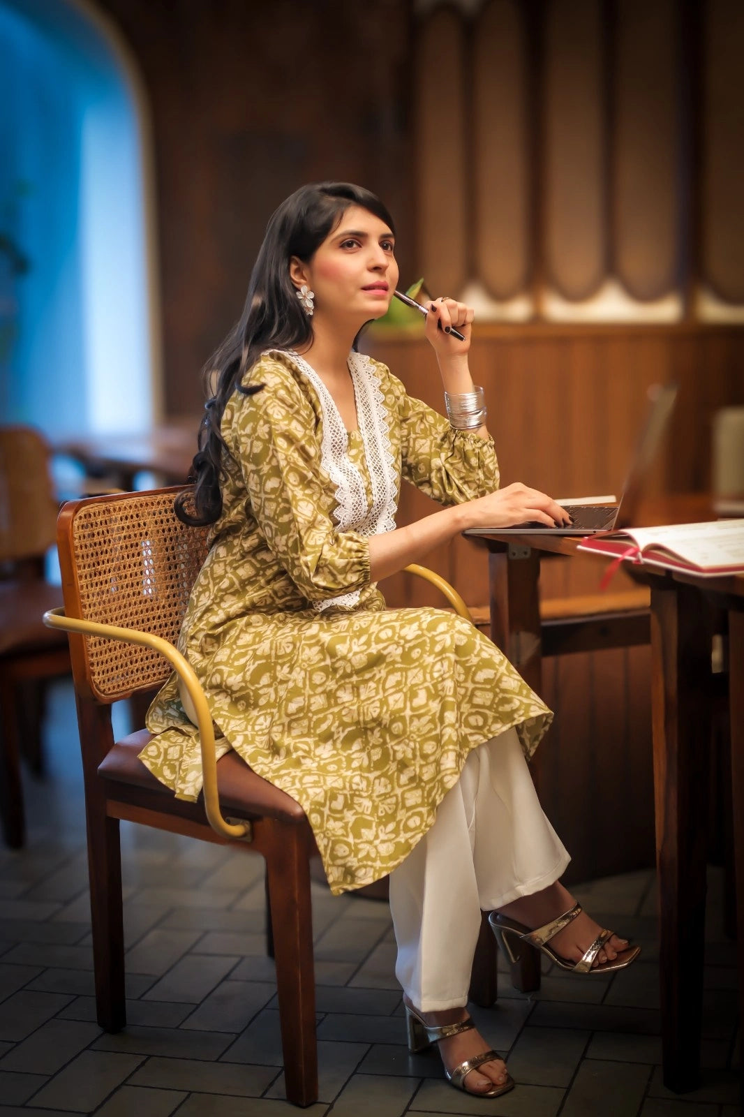 Green Rayon Floral Print A-line Kurta