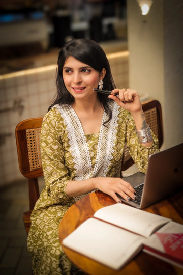 Green Rayon Floral Print A-line Kurta
