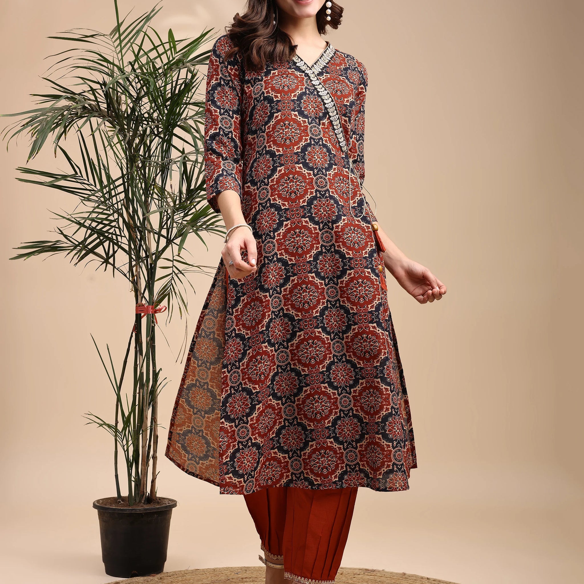 Rust Cotton Blend Ajrak Print Angrakha Knot Kurta