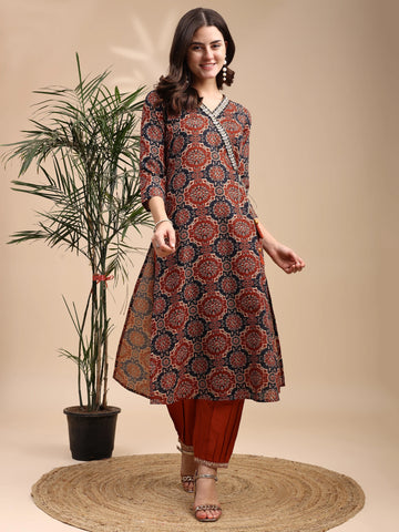 Rust Cotton Blend Ajrak Print Angrakha Knot Kurta