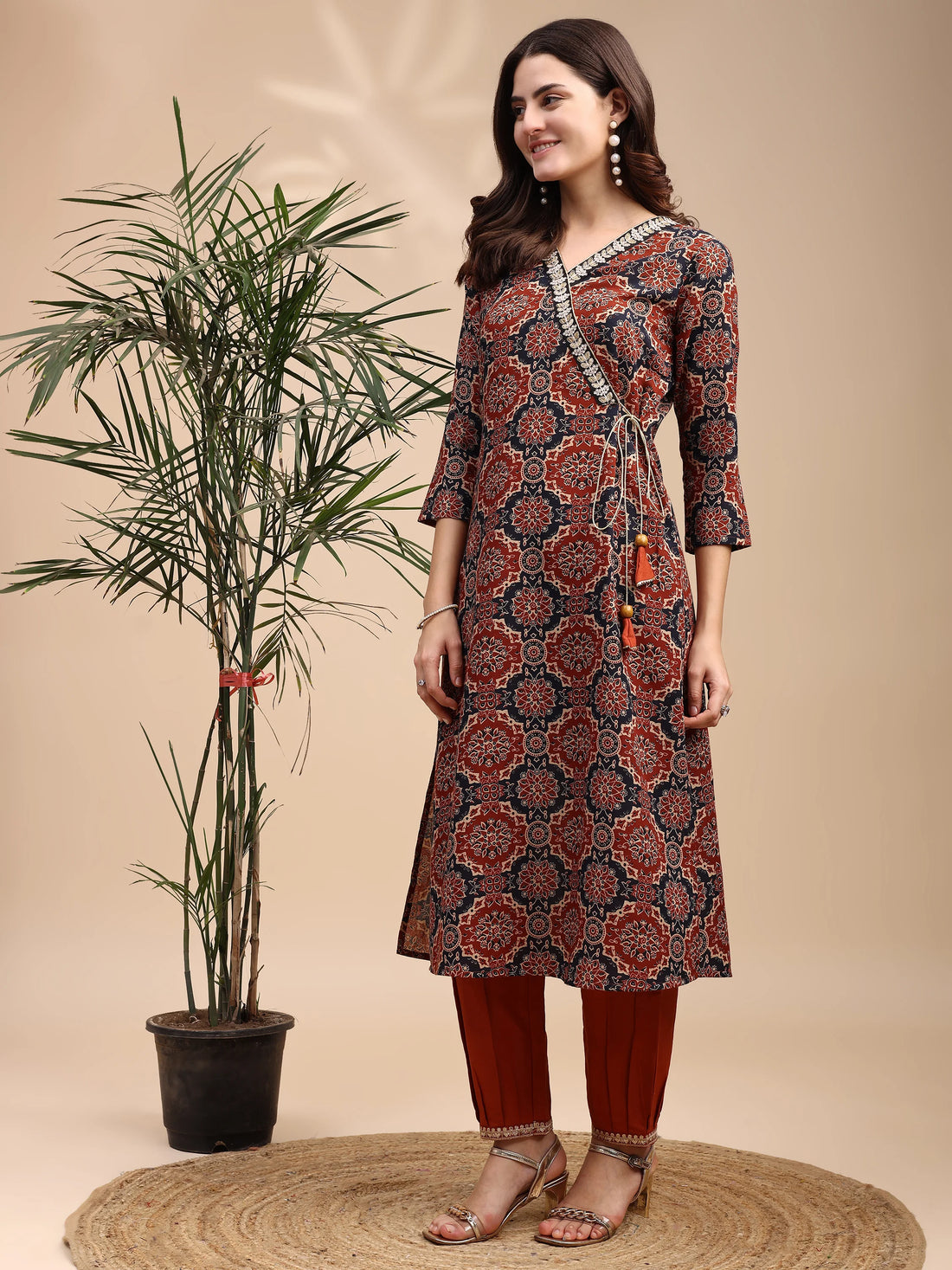 Rust Cotton Blend Ajrak Print Angrakha Knot Kurta