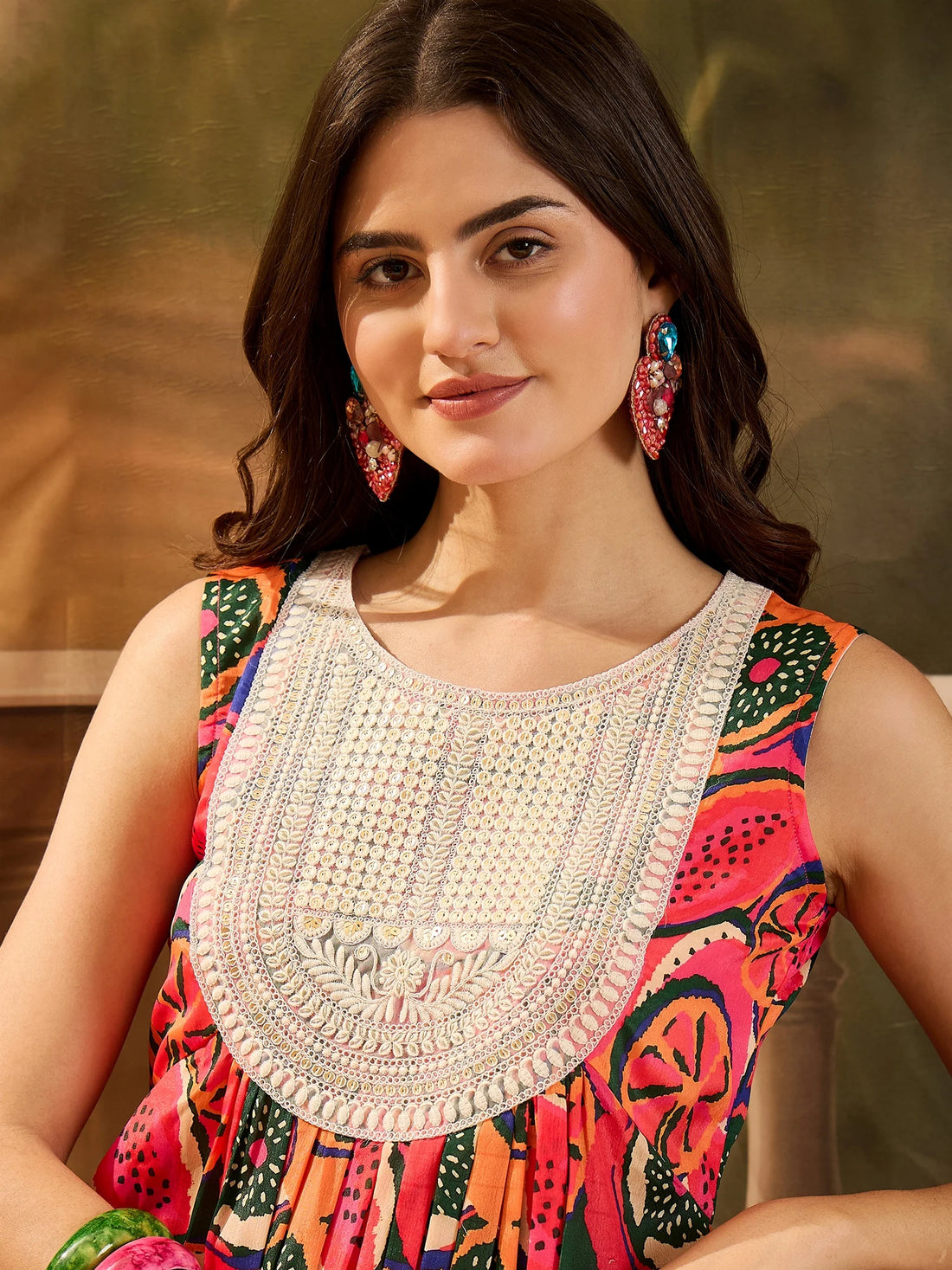Pink Cotton Silk Digital Print & Embroidered A-Line Sleeveless Long Kurta