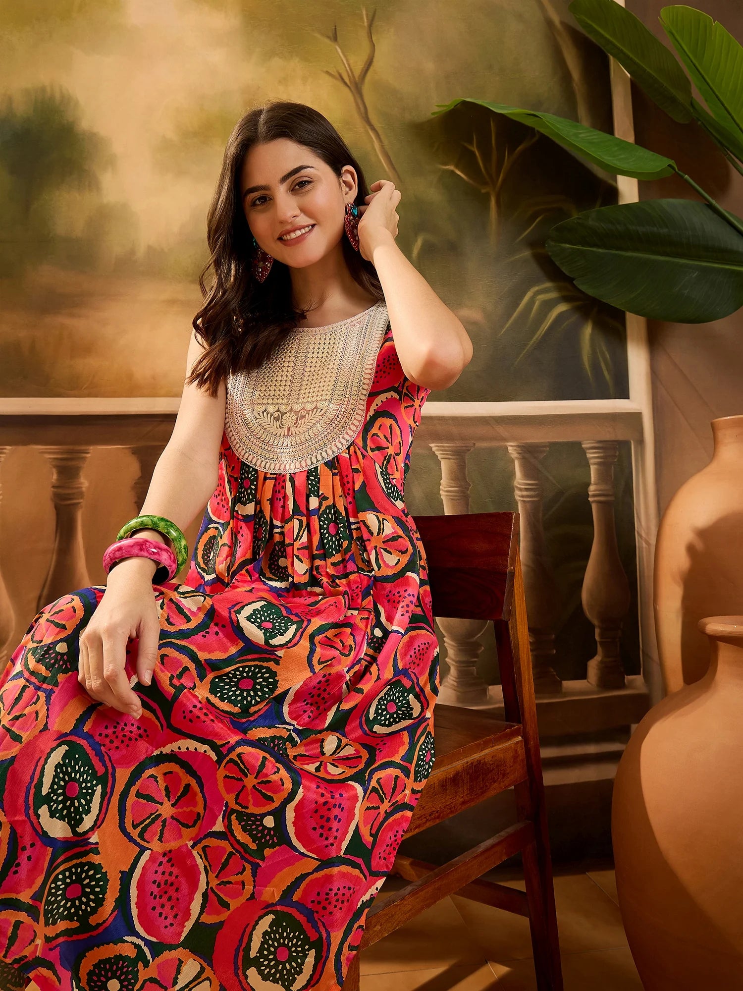 Pink Cotton Silk Digital Print & Embroidered A-Line Sleeveless Long Kurta
