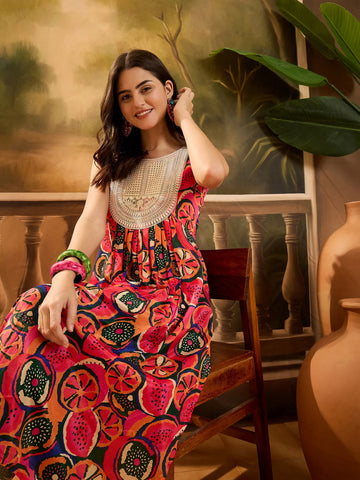 Pink Cotton Silk Digital Print & Embroidered A-Line Sleeveless Long Kurta