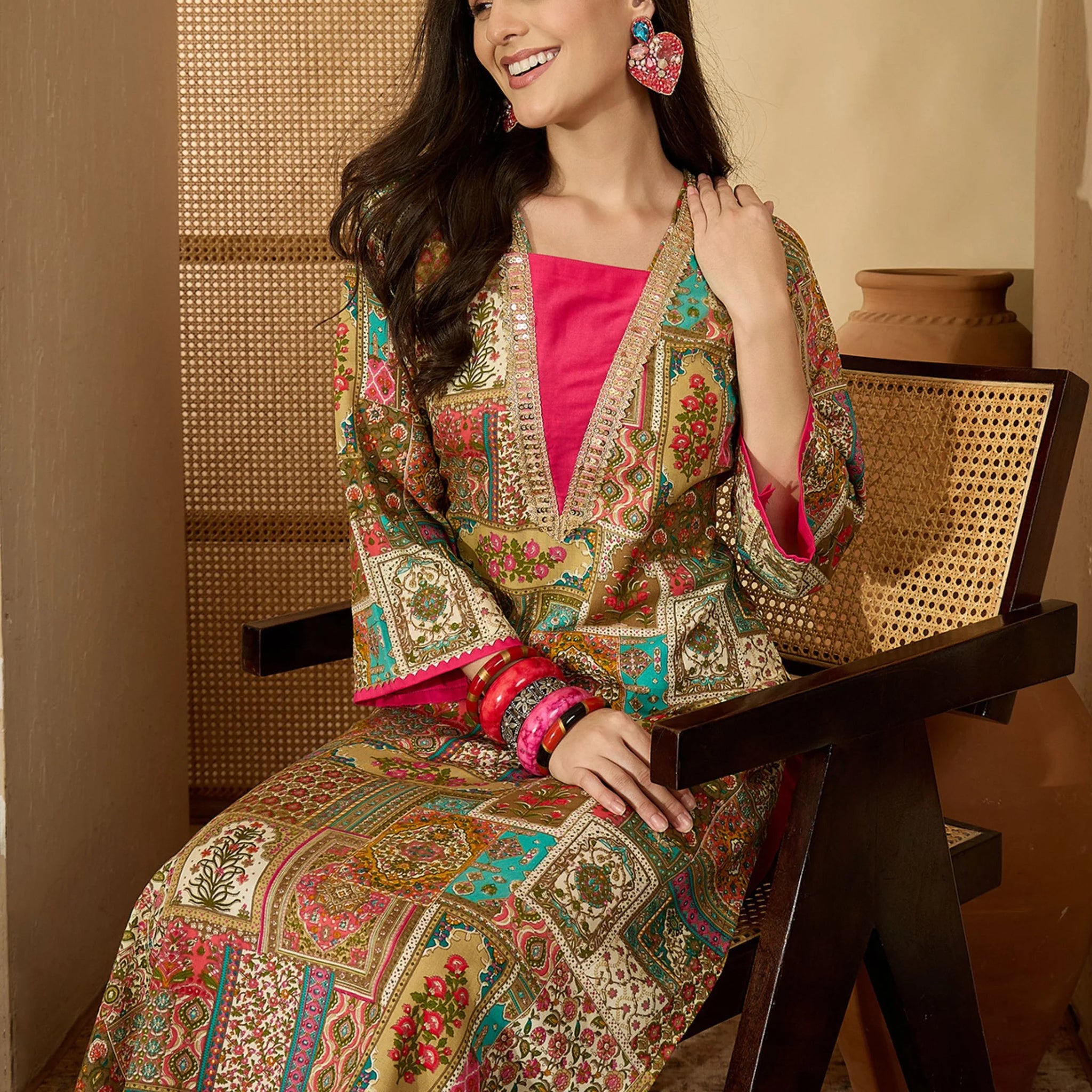 Beige Viscose Rayon Printed & Embroidered Straight Long Kurta