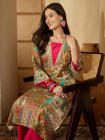 Beige Viscose Rayon Printed & Embroidered Straight Long Kurta