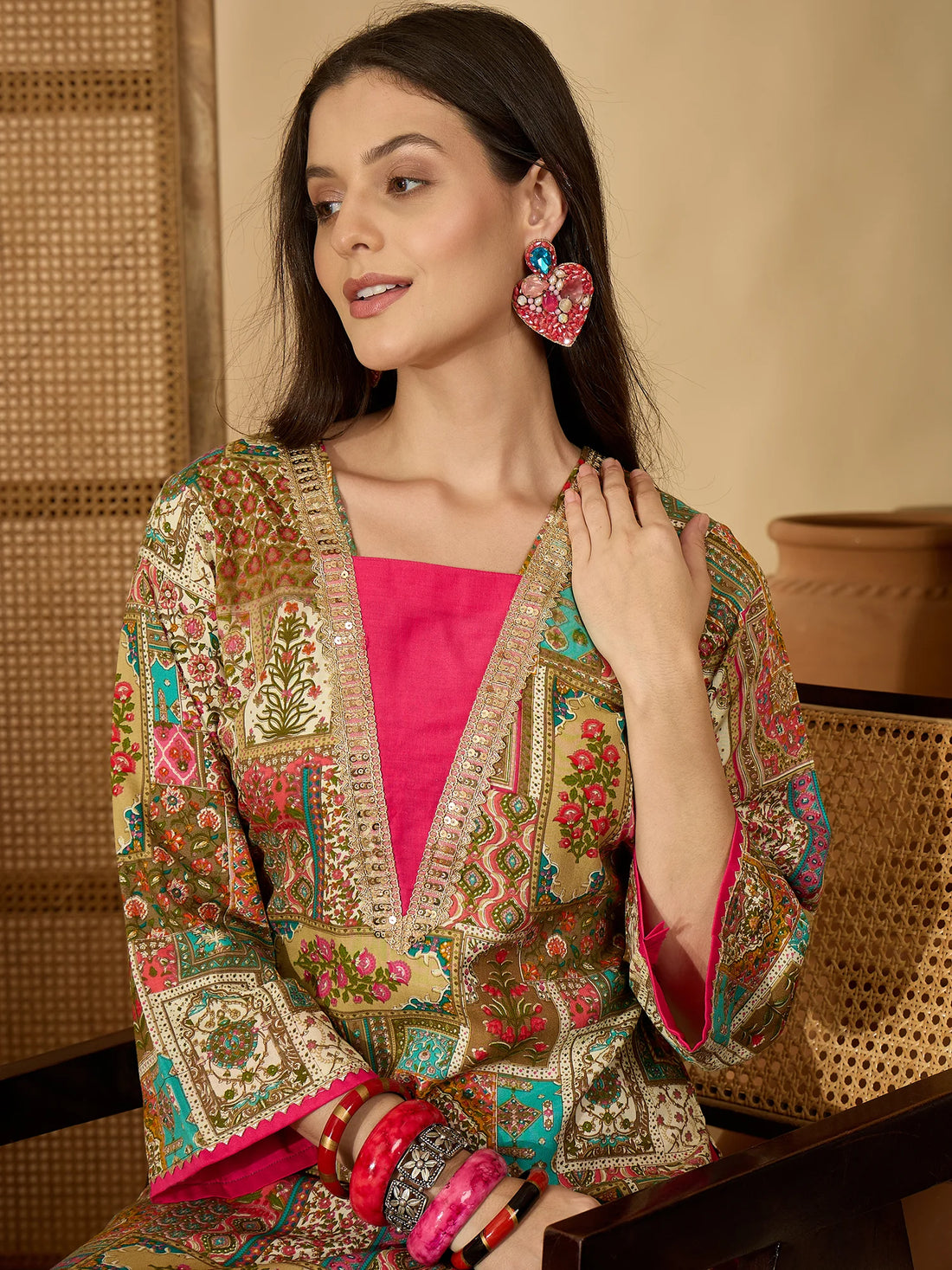 Beige Viscose Rayon Printed & Embroidered Straight Long Kurta
