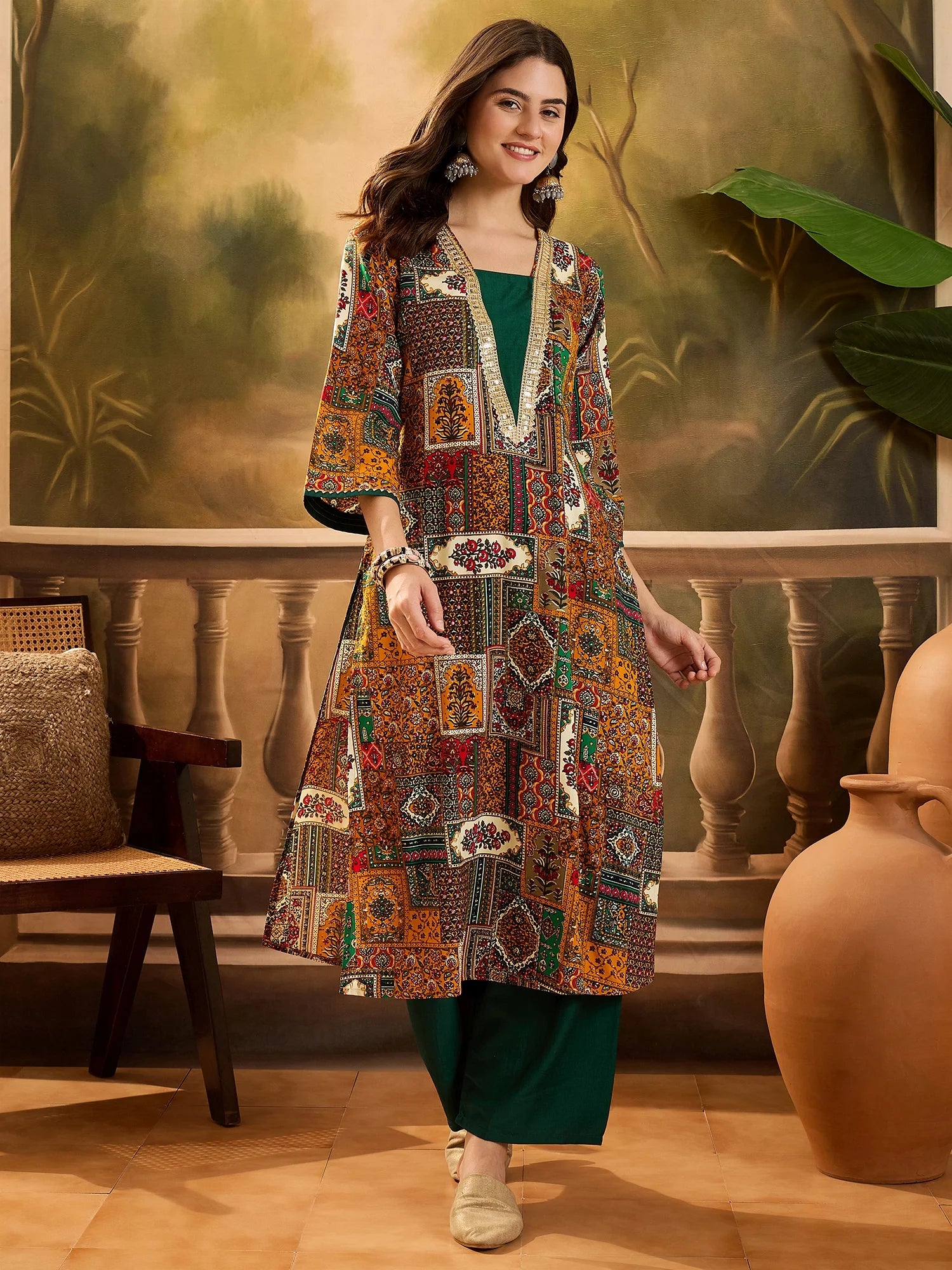 Green Viscose Rayon Batik Print & Embroidered Straight Long Kurta