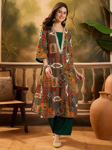 Green Viscose Rayon Batik Print & Embroidered Straight Long Kurta