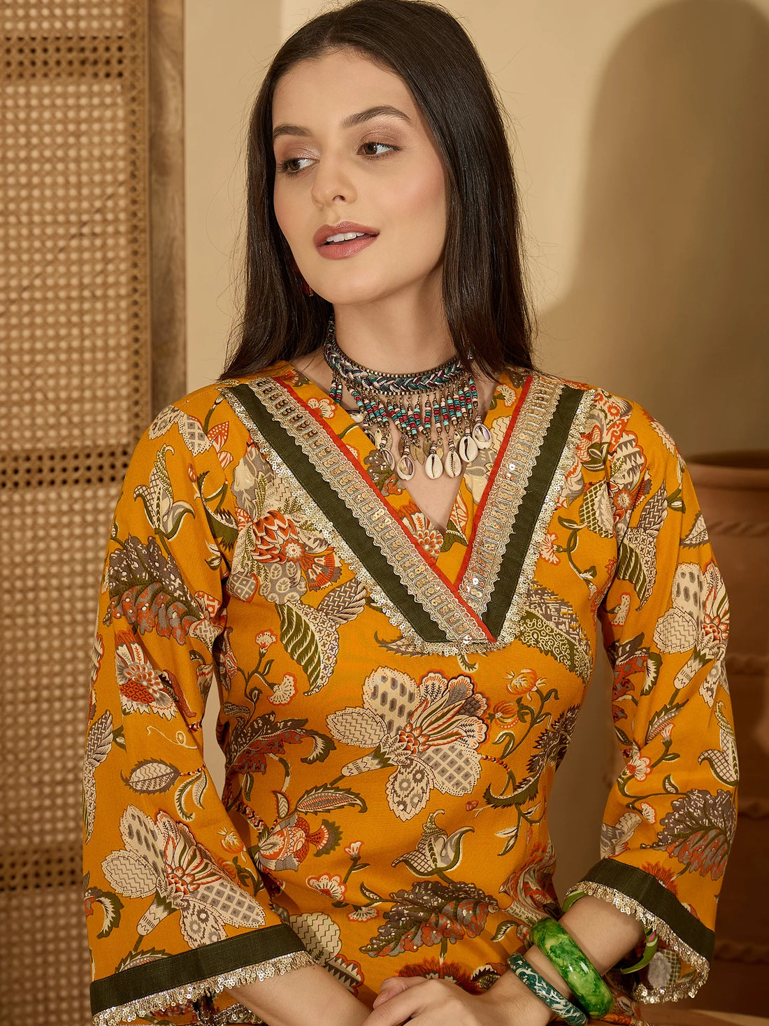 Gold Viscose Rayon Floral Print A-line Long Kurta