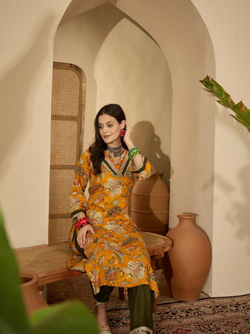 Gold Viscose Rayon Floral Print A-line Long Kurta