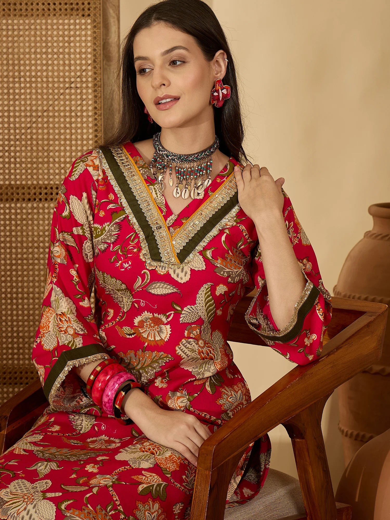 Pink Viscose Rayon Floral Print A-line Long Kurta