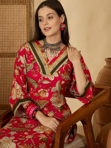 Pink Viscose Rayon Floral Print A-line Long Kurta