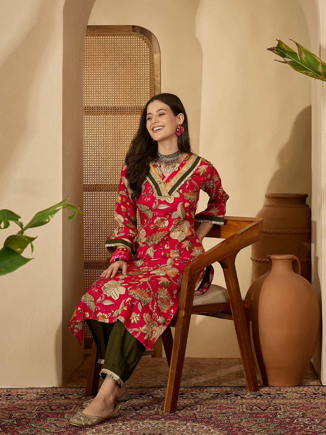 Pink Viscose Rayon Floral Print A-line Long Kurta