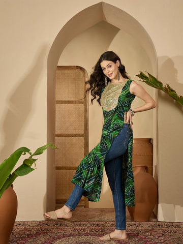 Green Rayon Bandhani Print & Yoke Embroidery Sleeveless Kurta