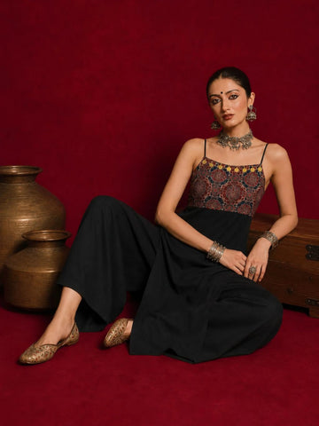 Black Cotton Blend Block Print Straight Strappy Backless Long Kurta for Navratri