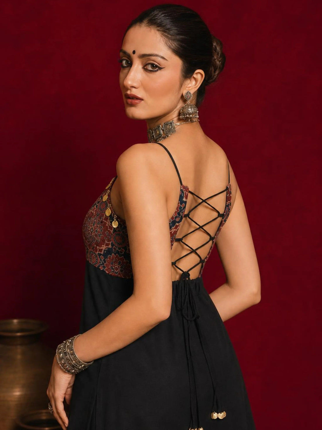 Black Cotton Blend Block Print Straight Strappy Backless Long Kurta for Navratri