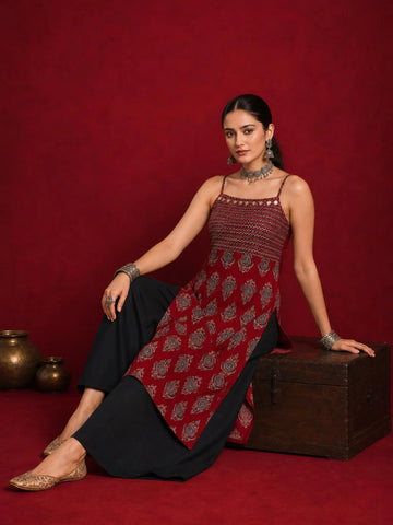 Cotton Blend Block Print Straight Strappy Backless Long Kurta