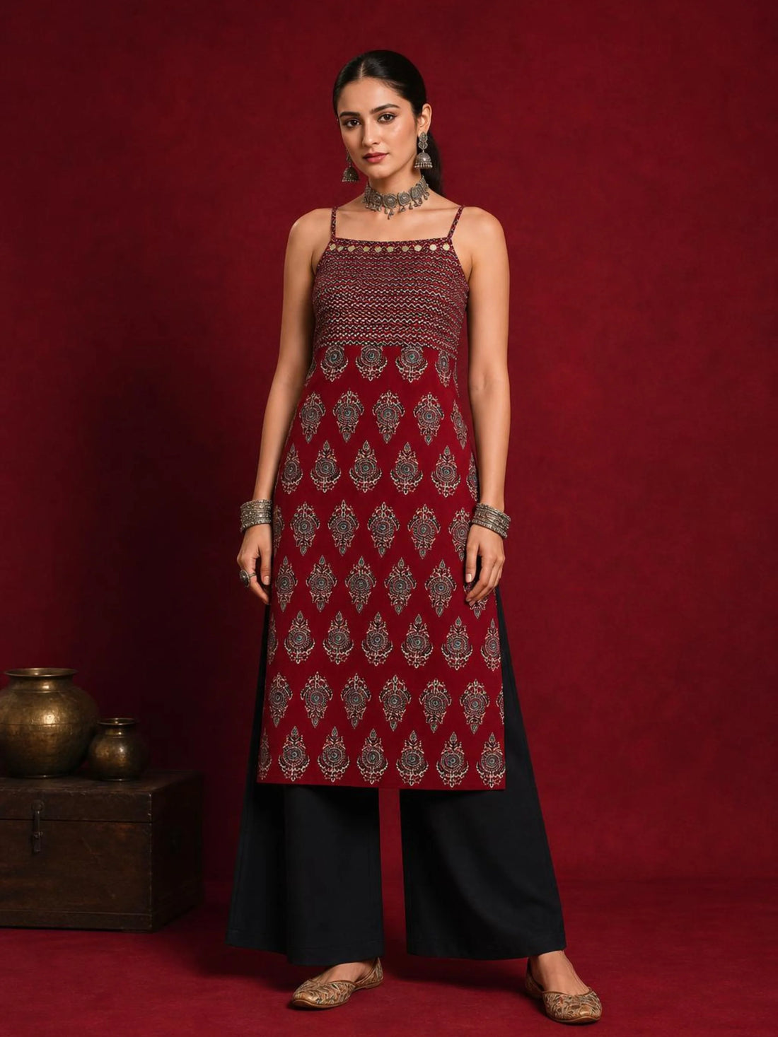 Cotton Blend Block Print Straight Strappy Backless Long Kurta