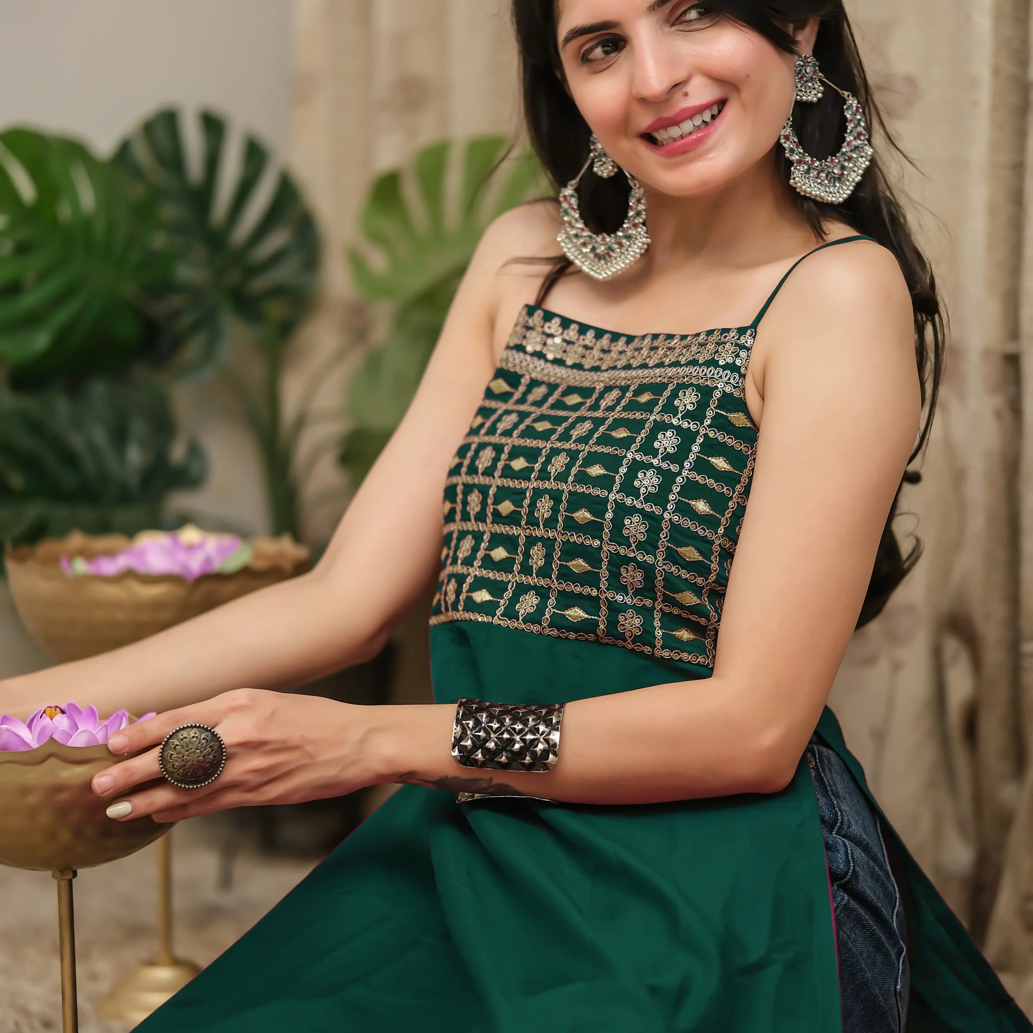 Green Cotton Silk Yoke Embroidery Straight Strappy Backless Kurta