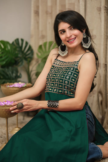 Green Cotton Silk Yoke Embroidery Straight Strappy Backless Kurta