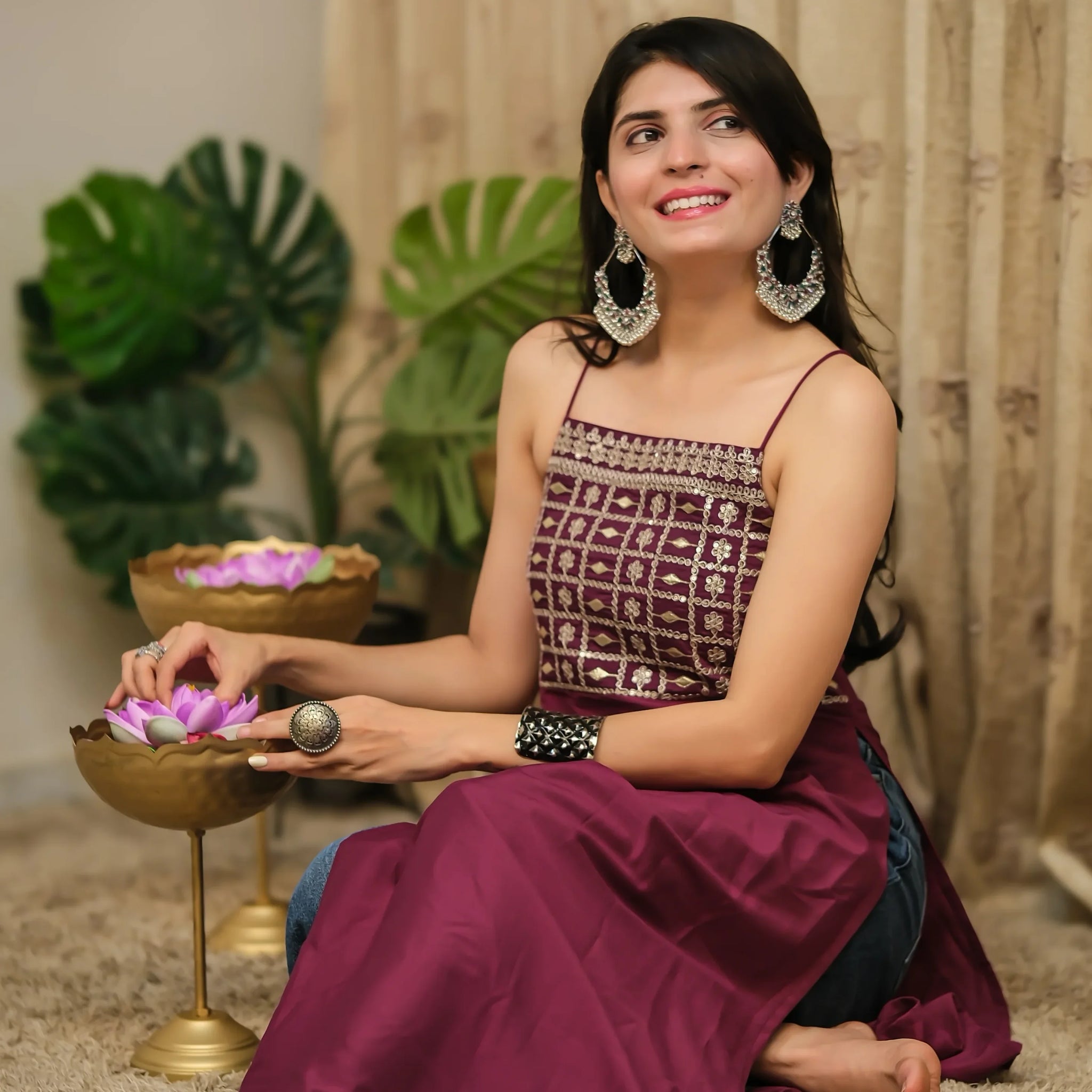 Wine Cotton Silk Yoke Embroidery Straight Strappy Backless Kurta