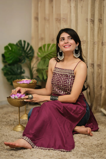 Wine Cotton Silk Yoke Embroidery Straight Strappy Backless Kurta