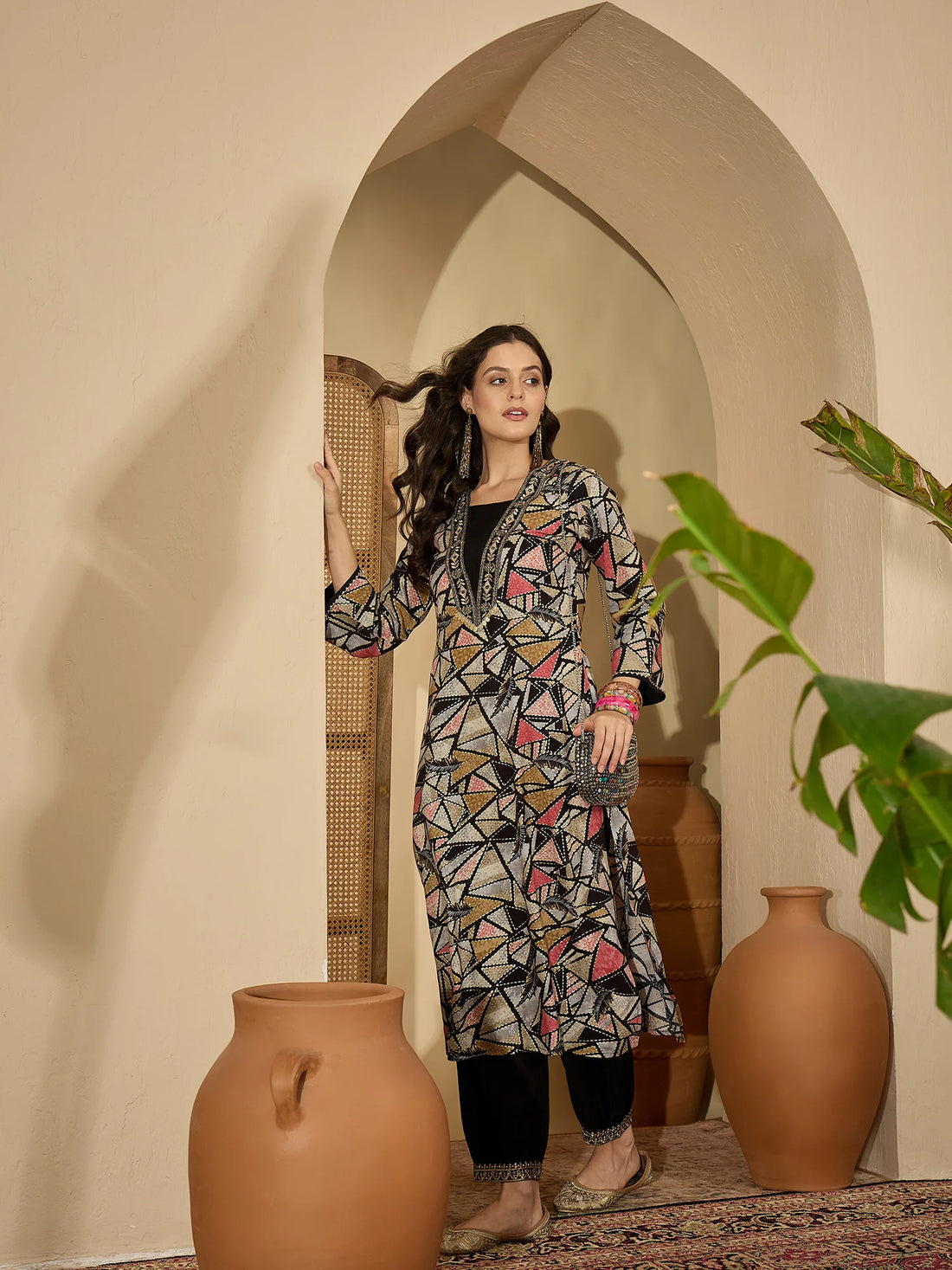 Black Rayon Abstract Print & Embroidered A-line Bell Sleeves Long Kurta