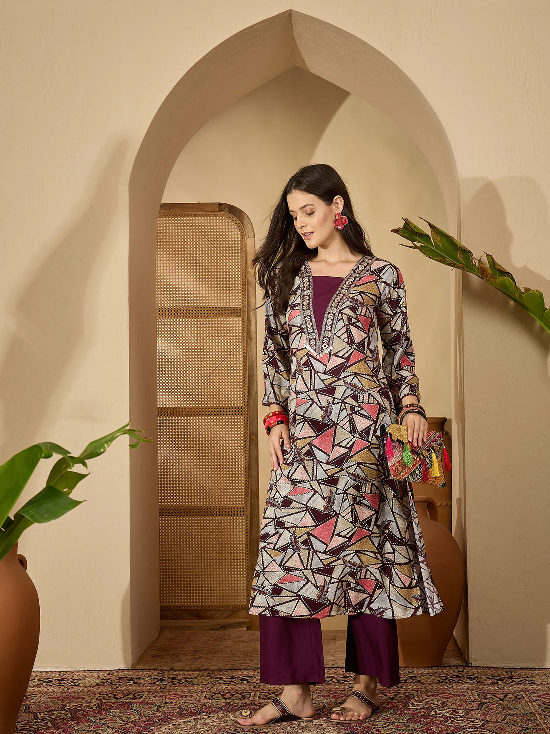 Wine Rayon Abstract Print & Embroidered A-line Bell Sleeves Long Kurta