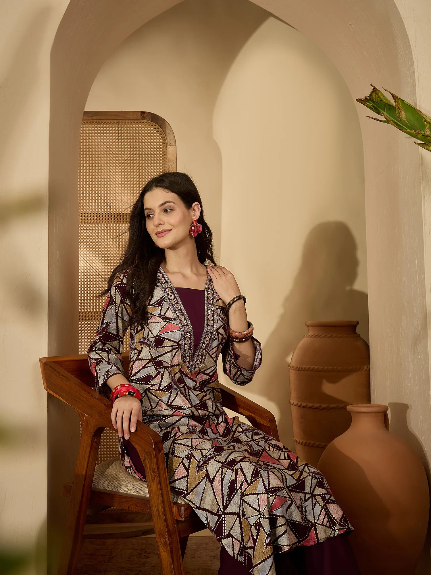 Wine Rayon Abstract Print & Embroidered A-line Bell Sleeves Long Kurta