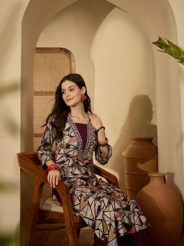 Wine Rayon Abstract Print & Embroidered A-line Bell Sleeves Long Kurta