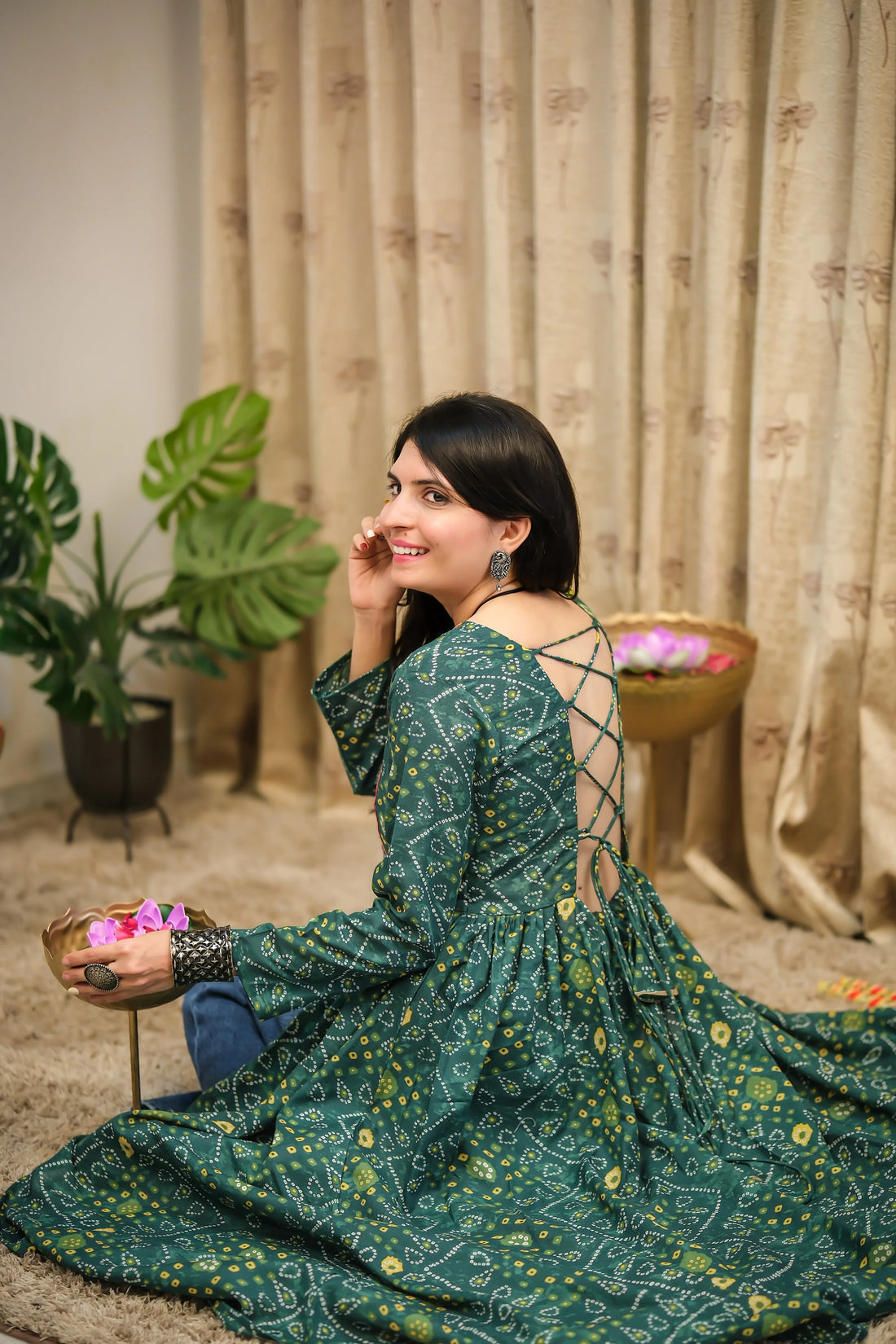 Green Cotton Blend Bandhani Print & Embroidered front Slit Navratri Special Long Kurta