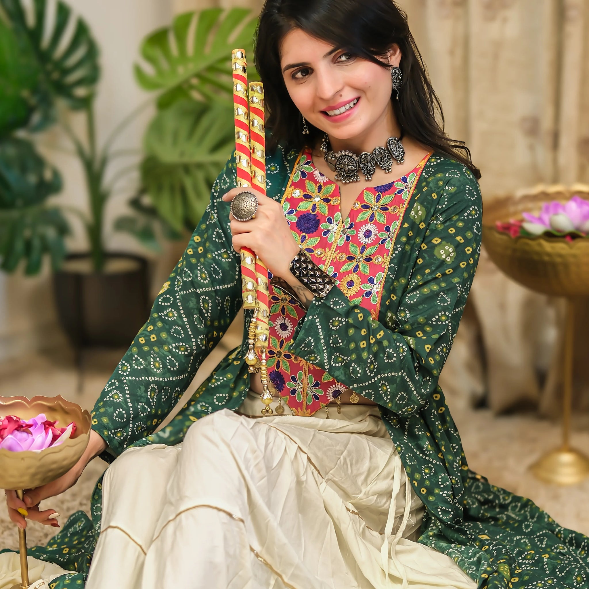 Green Cotton Blend Bandhani Print & Embroidered front Slit Navratri Special Long Kurta