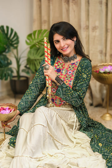 Green Cotton Blend Bandhani Print & Embroidered front Slit Navratri Special Long Kurta