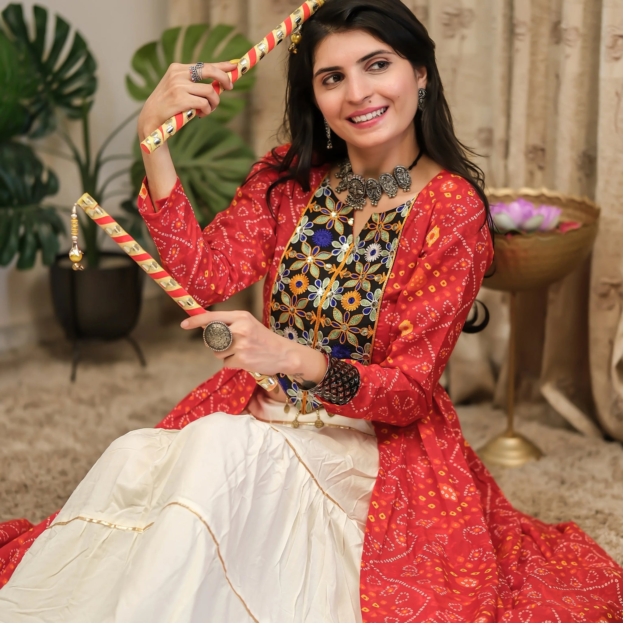 Red Cotton Blend Bandhani Print & Embroidered front Slit Navratri Special Long Kurta