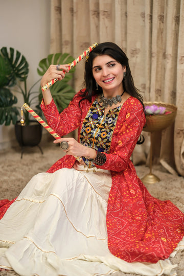 Red Cotton Blend Bandhani Print & Embroidered front Slit Navratri Special Long Kurta